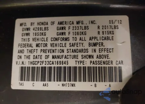 2012 Honda Accord 2.4 Lx z USA, uszkodzony, nr VIN 1HGCP2F33CA169645